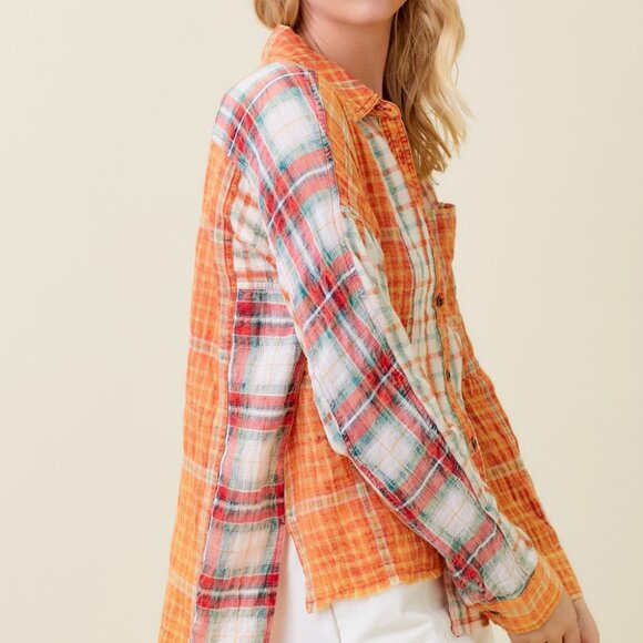 MYSTREE Plaid Button Down Shirt, Orange Multicolor Patchwork Check Top, Oversize - Picture 3 of 7